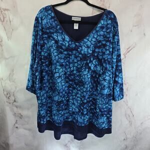 Catherines Shirt Womens 2X 22 24 Blue Navy Pleated Layered Pattern V Neck Long